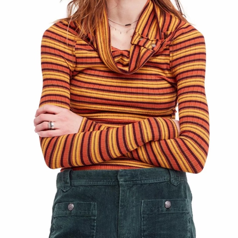 🔥FREE PEOPLE🔥CAPE COD COWL-NECK STRIPED THERMAL TOP BURNT ORANGE XS NWT - Picture 1 of 5